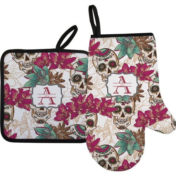 Custom Sugar Skulls & Flowers Right Oven Mitt & Pot Holder Set w/ Name and Initial