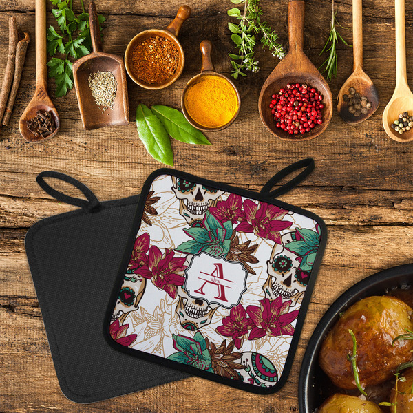 Sugar Skulls & Flowers Neoprene Pot Holder - Set of 2  LIFESTYLE (Flatlay)