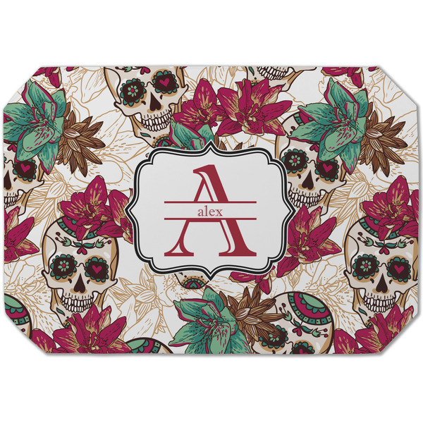 Custom Sugar Skulls & Flowers Dining Table Mat - Octagon (Single-Sided) w/ Name and Initial