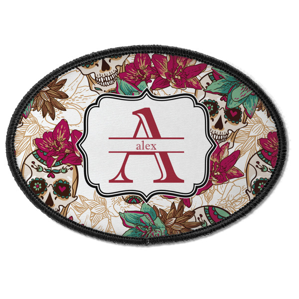 Custom Sugar Skulls & Flowers Iron On Oval Patch w/ Name and Initial