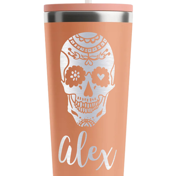 Sugar Skulls & Flowers Peach RTIC Everyday Tumbler - 28 oz. - Close Up