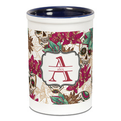 Sugar Skulls & Flowers Ceramic Pencil Holders - Blue