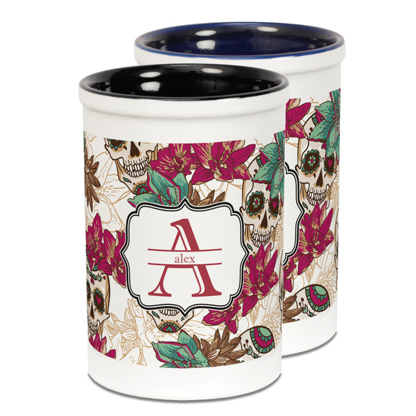 Custom Sugar Skulls & Flowers Ceramic Pencil Holder - Large