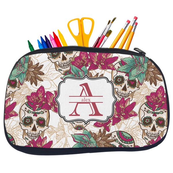 Custom Sugar Skulls & Flowers Neoprene Pencil Case - Medium w/ Name and Initial