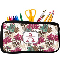 Sugar Skulls & Flowers Neoprene Pencil Case - Small w/ Name and Initial