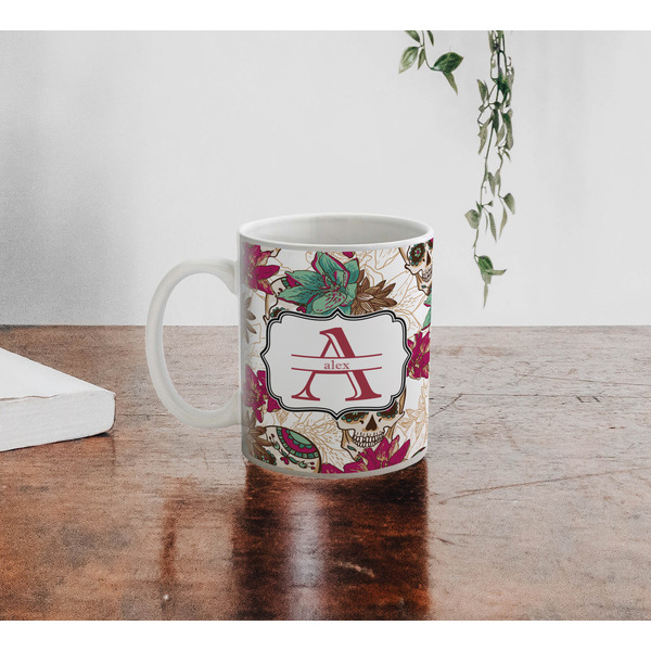 Sugar Skulls & Flowers Personalized Coffee Mug - Lifestyle