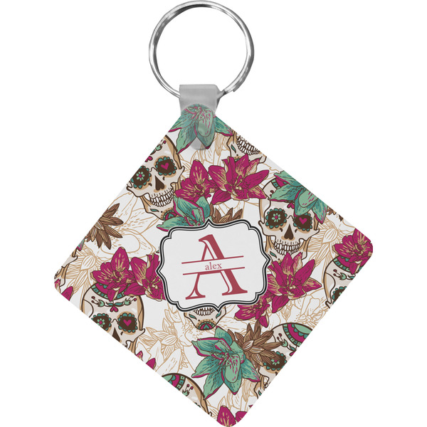 Custom Sugar Skulls & Flowers Diamond Plastic Keychain w/ Name and Initial