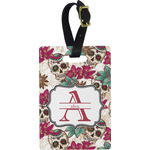 Sugar Skulls & Flowers Plastic Luggage Tag - Rectangular w/ Name and Initial