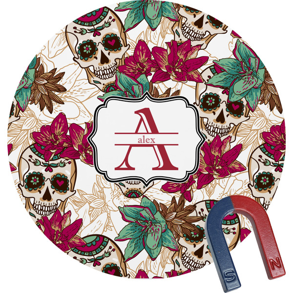 Custom Sugar Skulls & Flowers Round Fridge Magnet (Personalized)
