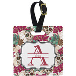 Sugar Skulls & Flowers Plastic Luggage Tag - Square w/ Name and Initial
