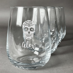 Sugar Skulls & Flowers Stemless Wine Glasses (Set of 4) (Personalized)