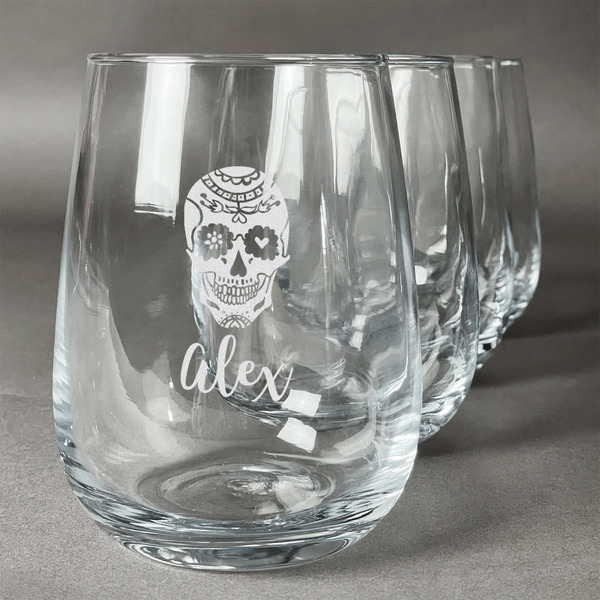 Custom Sugar Skulls & Flowers Stemless Wine Glasses (Set of 4) (Personalized)