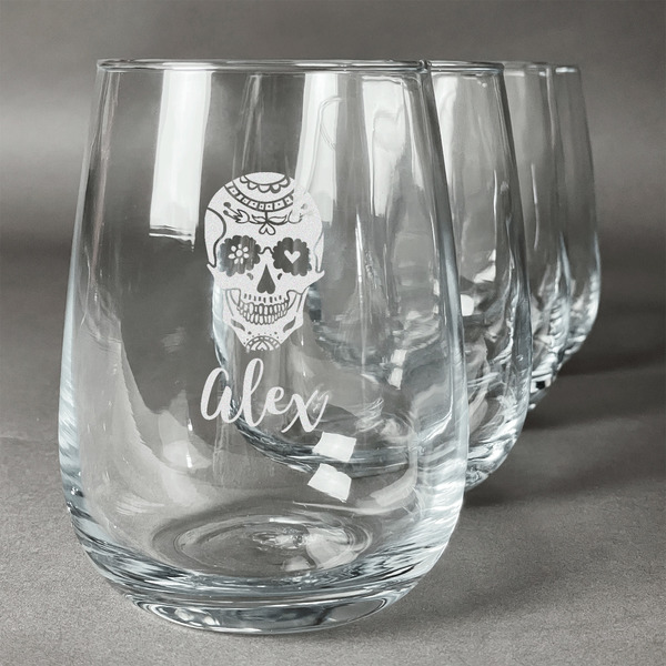Custom Sugar Skulls & Flowers Stemless Wine Glasses (Set of 4) (Personalized)