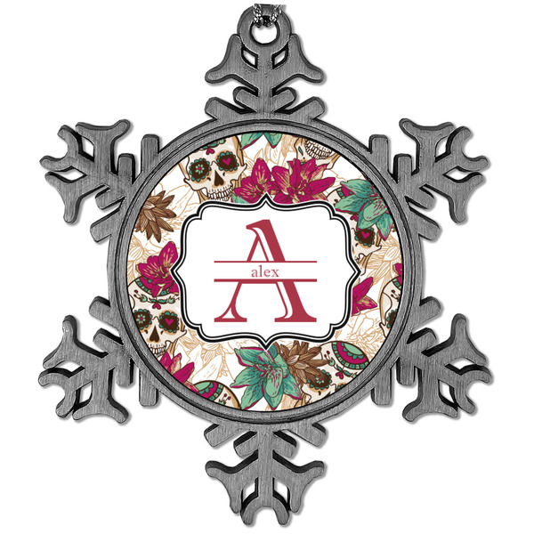 Custom Sugar Skulls & Flowers Vintage Snowflake Ornament (Personalized)