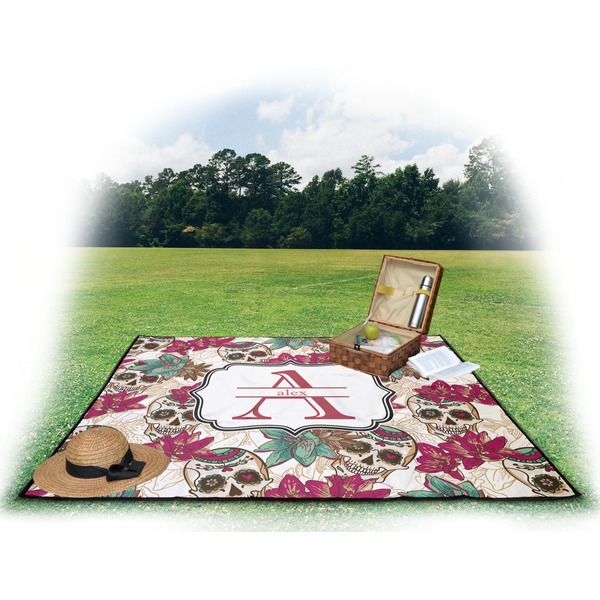 Sugar Skulls & Flowers Picnic Blanket - with Basket Hat and Book - in Use