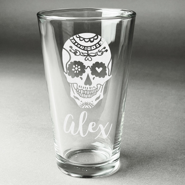Custom Sugar Skulls & Flowers Pint Glass - Engraved (Single) (Personalized)