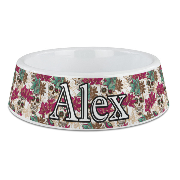 Custom Sugar Skulls & Flowers Plastic Dog Bowl - Large (Personalized)