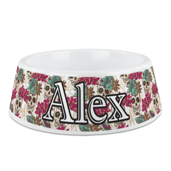 Custom Sugar Skulls & Flowers Plastic Dog Bowl - Medium (Personalized)