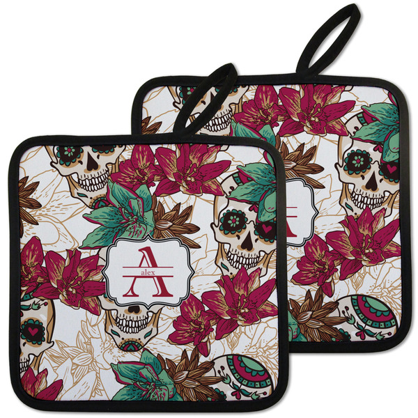 Custom Sugar Skulls & Flowers Pot Holders - Set of 2 w/ Name and Initial