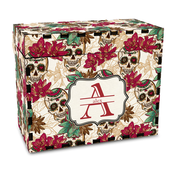 Custom Sugar Skulls & Flowers Wood Recipe Box - Full Color Print (Personalized)