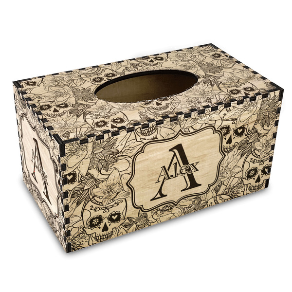 Custom Sugar Skulls & Flowers Wood Tissue Box Cover - Rectangle (Personalized)