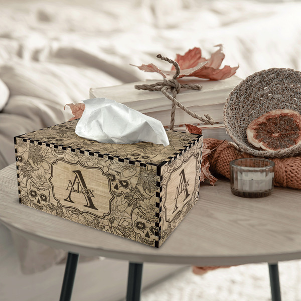 Sugar Skulls & Flowers Rectangle Tissue Box Covers - Wood - In Context