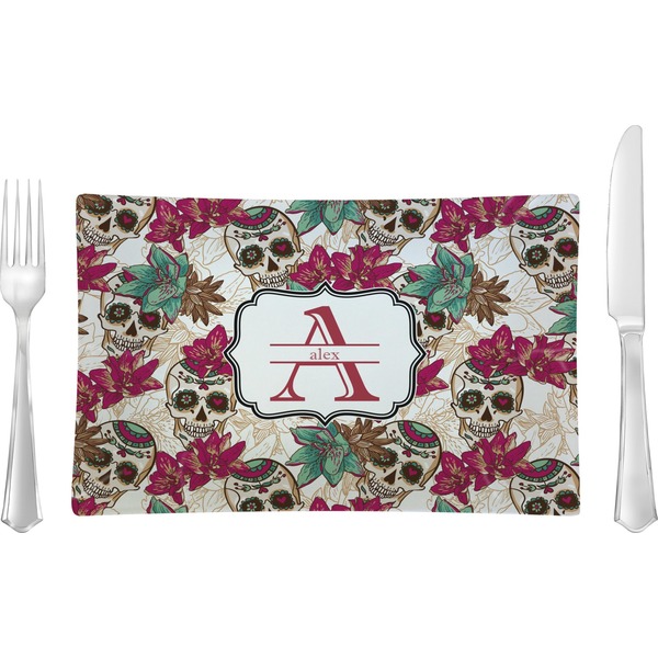 Custom Sugar Skulls & Flowers Glass Rectangular Lunch / Dinner Plate (Personalized)