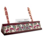 Sugar Skulls & Flowers Red Mahogany Nameplate with Business Card Holder (Personalized)