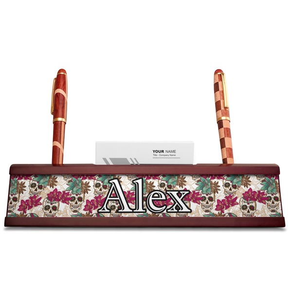 Sugar Skulls & Flowers Red Mahogany Nameplates with Business Card Holder - Straight