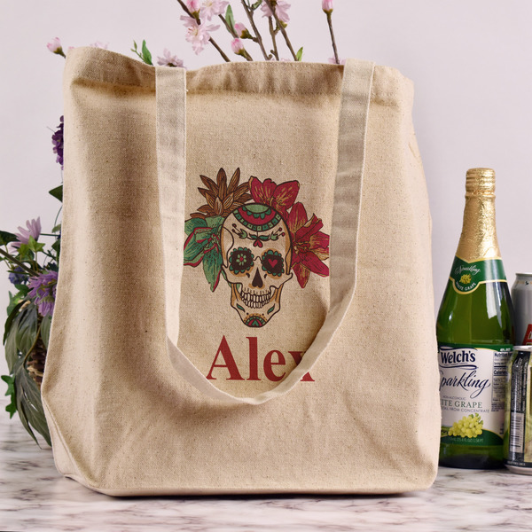 Sugar Skulls & Flowers Reusable Cotton Grocery Bag - In Context