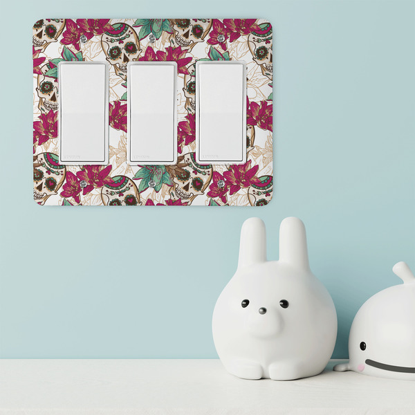 Sugar Skulls & Flowers Rocker Light Switch Covers - Triple - IN CONTEXT