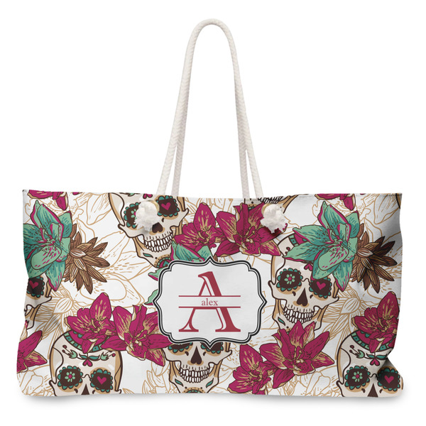 Custom Sugar Skulls & Flowers Large Tote Bag with Rope Handles (Personalized)