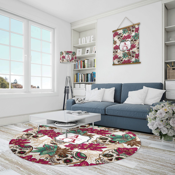 Sugar Skulls & Flowers Round Area Rug - IN CONTEXT