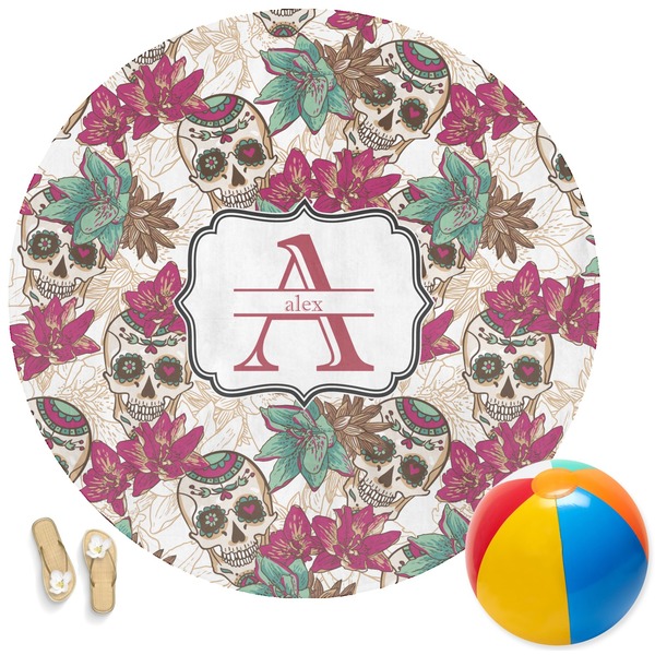 Custom Sugar Skulls & Flowers Round Beach Towel (Personalized)