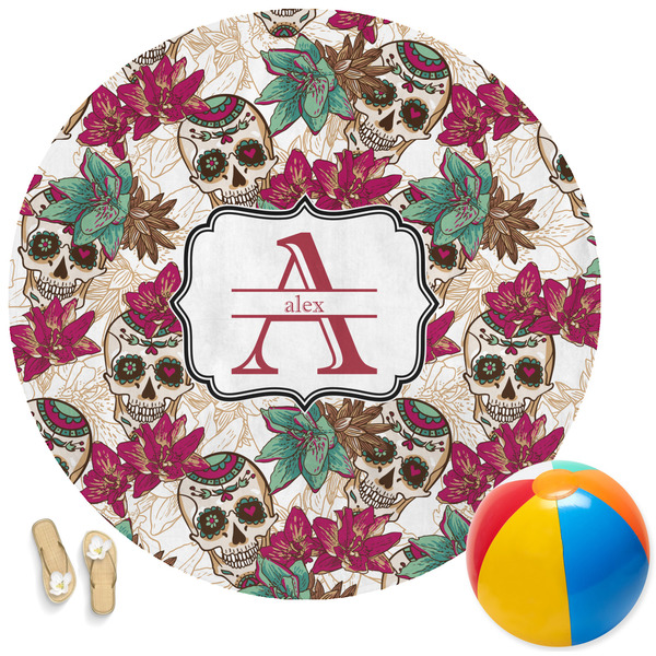 Custom Sugar Skulls & Flowers Round Beach Towel (Personalized)