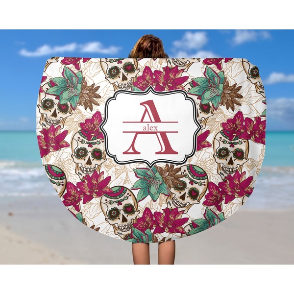 Sugar Skulls & Flowers Round Beach Towel - In Use