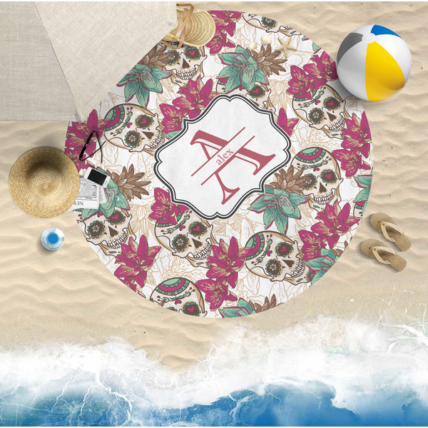 Sugar Skulls & Flowers Round Beach Towel Lifestyle