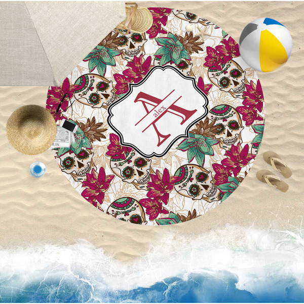 Sugar Skulls & Flowers Round Beach Towel Lifestyle