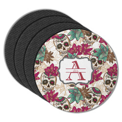 Sugar Skulls & Flowers Round Rubber Backed Coasters - Set of 4 (Personalized)