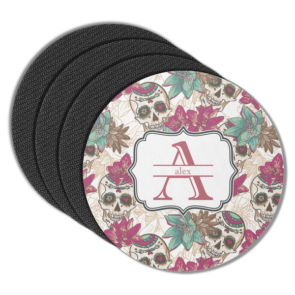 Custom Sugar Skulls & Flowers Round Rubber Backed Coasters - Set of 4 (Personalized)