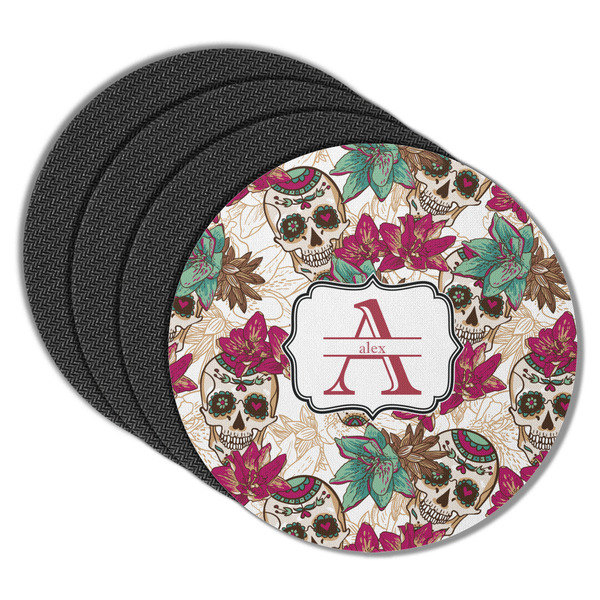Custom Sugar Skulls & Flowers Round Rubber Backed Coasters - Set of 4 (Personalized)