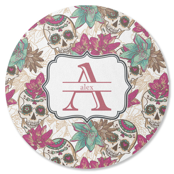 Custom Sugar Skulls & Flowers Round Rubber Backed Coaster (Personalized)