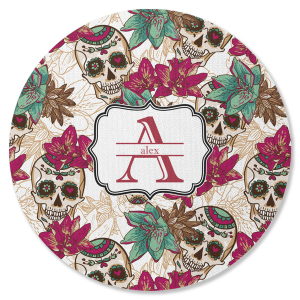 Custom Sugar Skulls & Flowers Round Rubber Backed Coaster (Personalized)