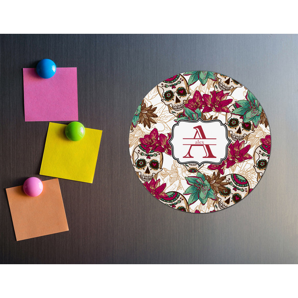 Sugar Skulls & Flowers Round Fridge Magnet - LIFESTYLE