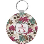 Sugar Skulls & Flowers Round Plastic Keychain (Personalized)