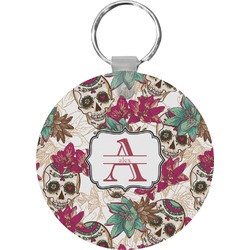 Sugar Skulls & Flowers Round Plastic Keychain (Personalized)