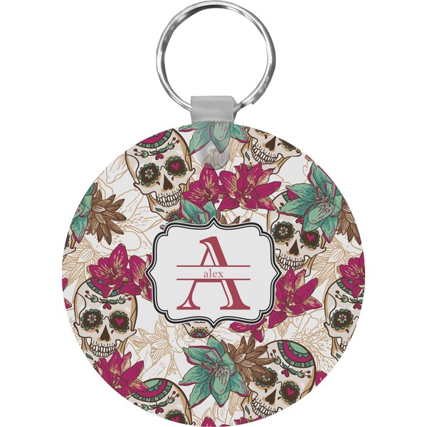Custom Sugar Skulls & Flowers Round Plastic Keychain (Personalized)