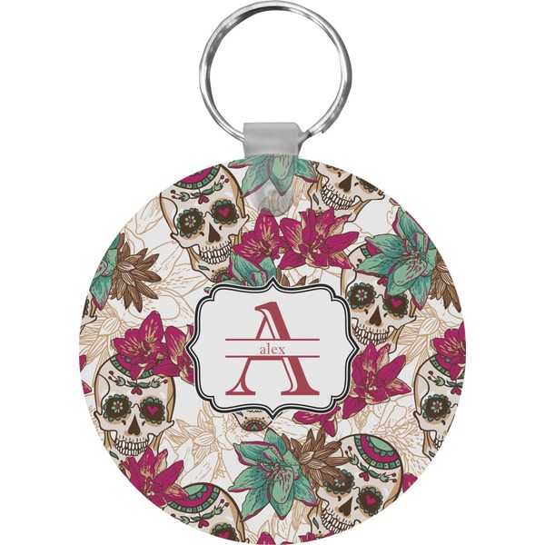 Sugar Skulls & Flowers Round Keychain (Personalized)