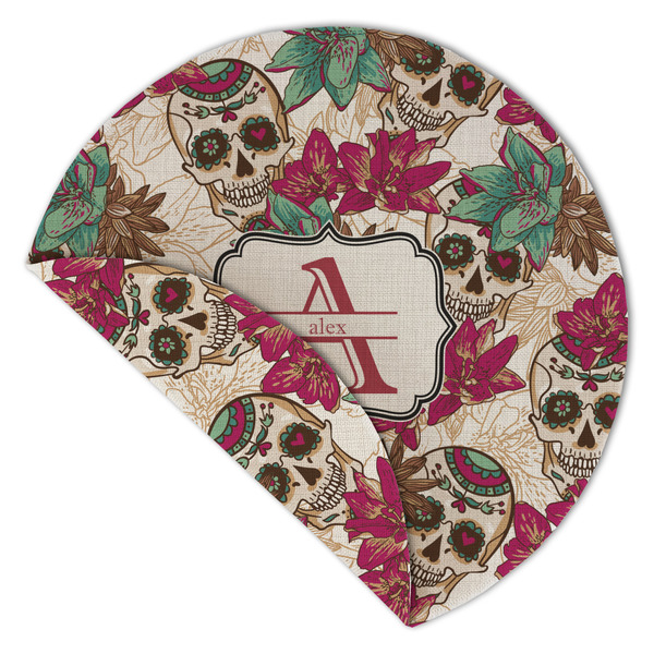 Sugar Skulls & Flowers Round Linen Placemats - Front (folded corner double sided)