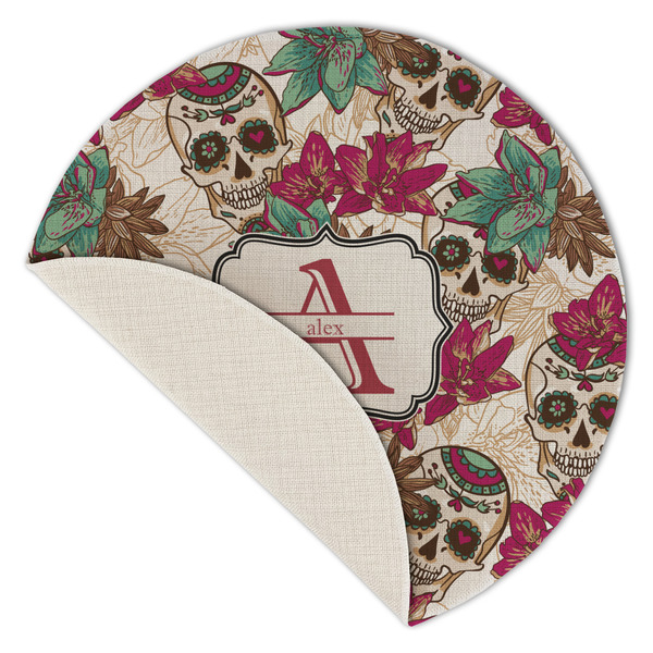 Sugar Skulls & Flowers Round Linen Placemats - Front (folded corner single sided)